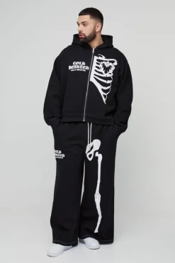 Sale boohooMAN Plus Oversized Boxy Skeleton Puff Print Contrast Stitch Hooded Tracksuit black
