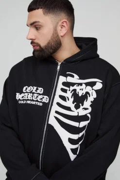 Sale boohooMAN Plus Oversized Boxy Skeleton Puff Print Contrast Stitch Hooded Tracksuit black