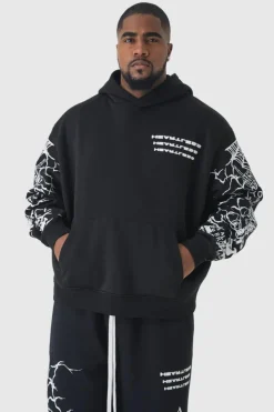 Store boohooMAN Plus Oversized Boxy Sleeve Print Hoodie black
