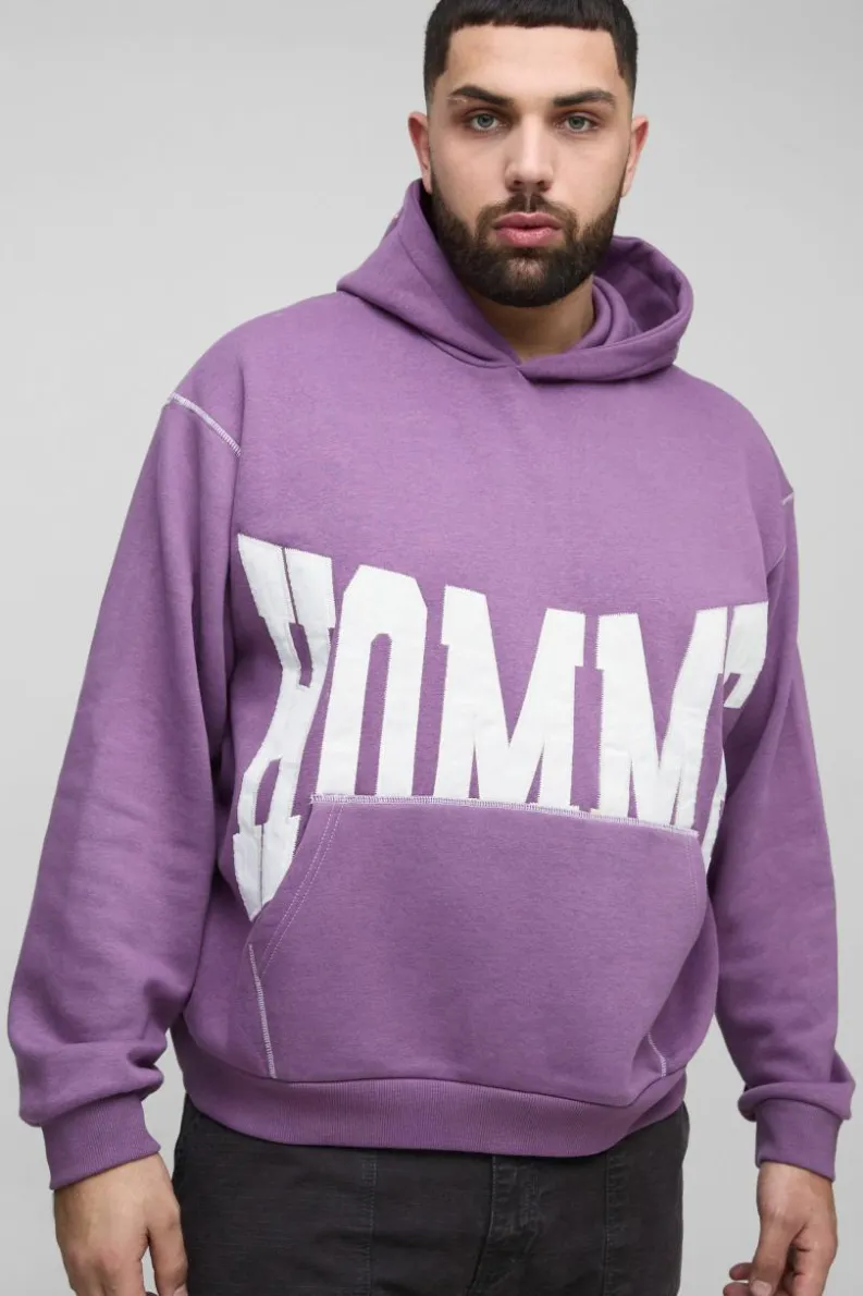 New boohooMAN Plus Oversized Boxy Twill Applique Contrast Stitch Hoodie purple