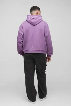 New boohooMAN Plus Oversized Boxy Twill Applique Contrast Stitch Hoodie purple