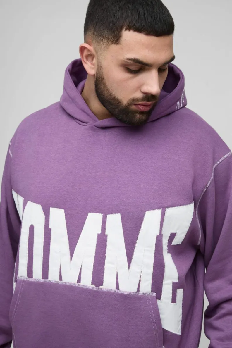 New boohooMAN Plus Oversized Boxy Twill Applique Contrast Stitch Hoodie purple