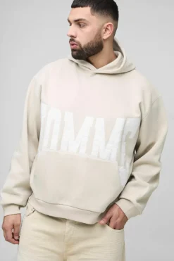 Clearance boohooMAN Plus Oversized Boxy Twill Applique Contrast Stitch Hoodie stone