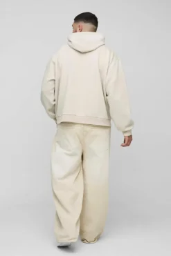 Clearance boohooMAN Plus Oversized Boxy Twill Applique Contrast Stitch Hoodie stone