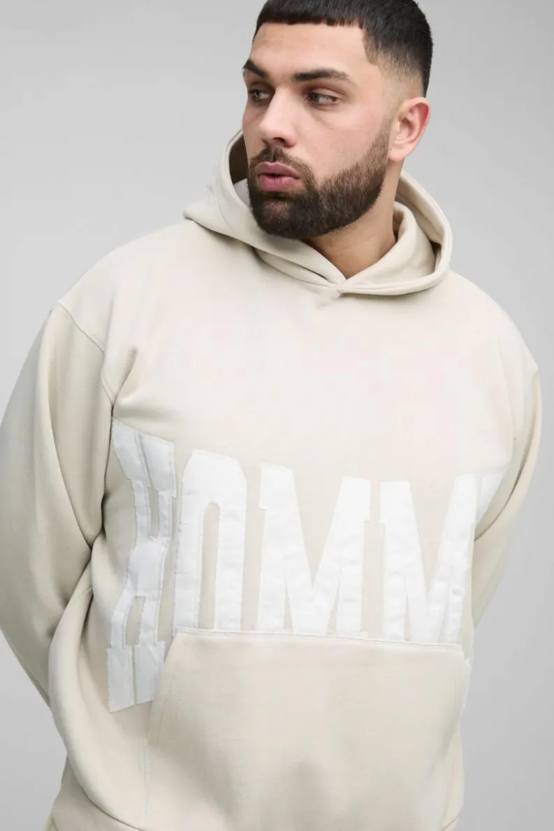 Clearance boohooMAN Plus Oversized Boxy Twill Applique Contrast Stitch Hoodie stone