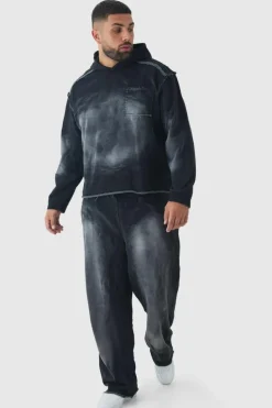 Hot boohooMAN Plus Oversized Boxy Washed Applique Hooded Tracksuit black