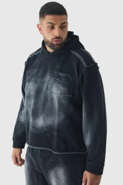 Hot boohooMAN Plus Oversized Boxy Washed Applique Hooded Tracksuit black