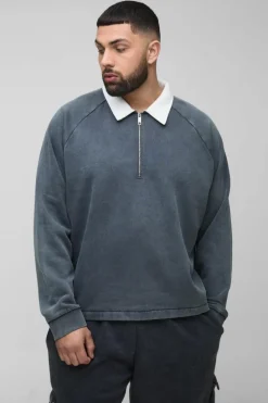 Cheap boohooMAN Plus Oversized Boxy Washed Polo Sweatshirt charcoal