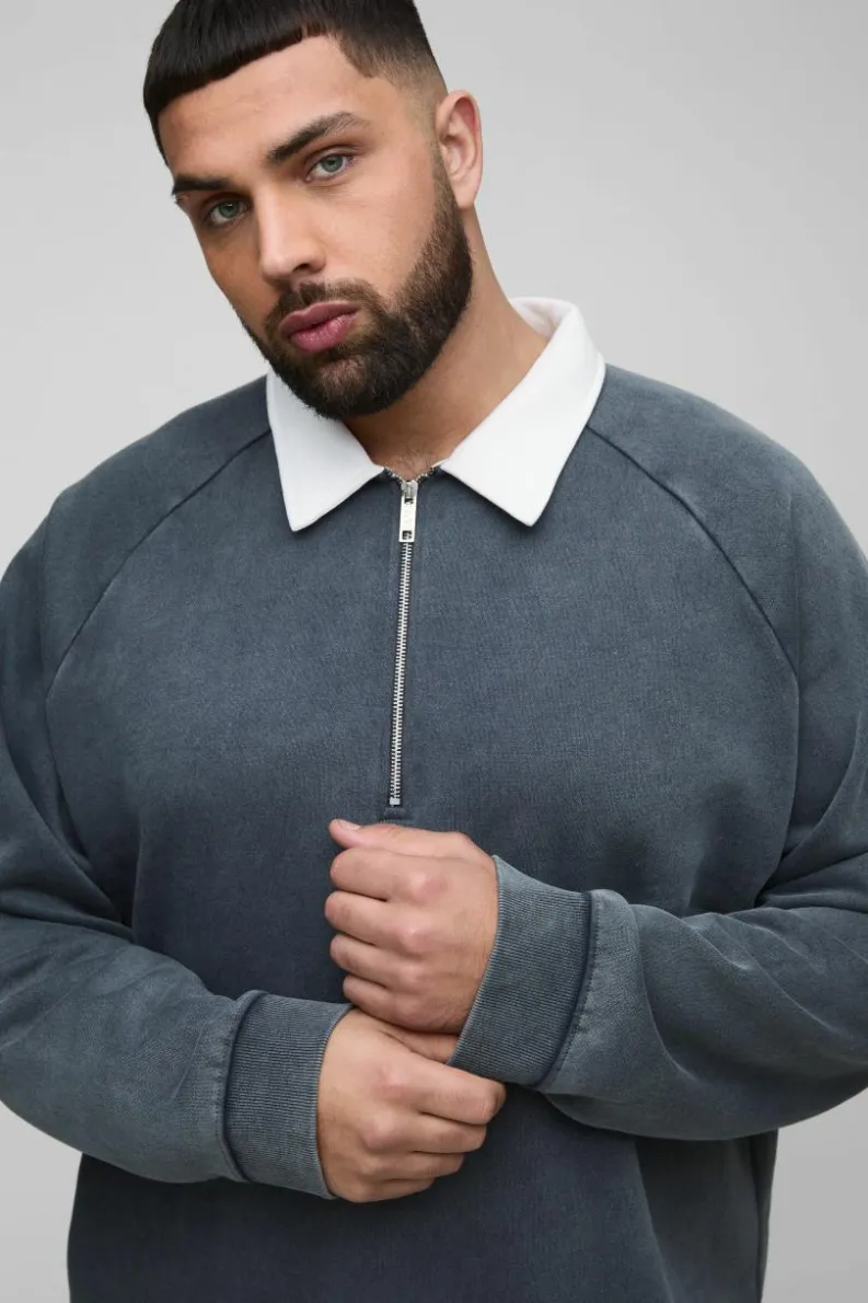 Cheap boohooMAN Plus Oversized Boxy Washed Polo Sweatshirt charcoal