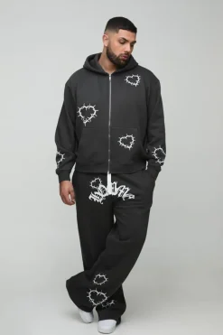 Best boohooMAN Plus Oversized Boxy Zip Heart Print Zip Hooded Double Waistband Tracksuit black