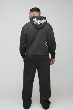 Best boohooMAN Plus Oversized Boxy Zip Heart Print Zip Hooded Double Waistband Tracksuit black