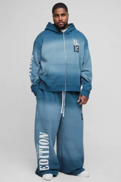 Clearance boohooMAN Plus Oversized Boxy Zip Thru Official Spray Wash Hooded Wide Leg Tracksuit navy