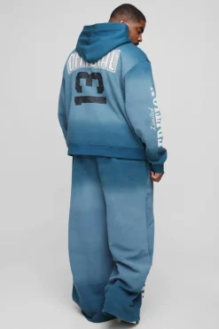 Clearance boohooMAN Plus Oversized Boxy Zip Thru Official Spray Wash Hooded Wide Leg Tracksuit navy