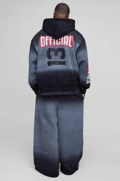 Discount boohooMAN Plus Oversized Boxy Zip Thru Official Spray Wash Hooded Wide Leg Tracksuit black