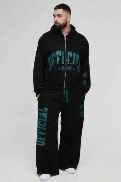 New boohooMAN Plus Oversized Boxy Zip Thru Rhinestone Applique Hooded Tracksuit black