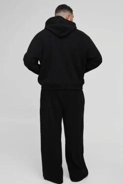 New boohooMAN Plus Oversized Boxy Zip Thru Rhinestone Applique Hooded Tracksuit black