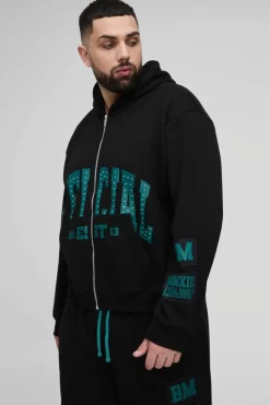 New boohooMAN Plus Oversized Boxy Zip Thru Rhinestone Applique Hooded Tracksuit black