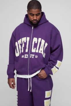 Shop boohooMAN Plus Oversized Boxy Zip Thru Rhinestone Applique Hoodie purple