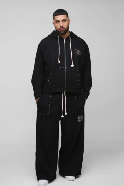 New boohooMAN Plus Oversized Boxy Zip Thru Seam Detail Hooded Tracksuit black