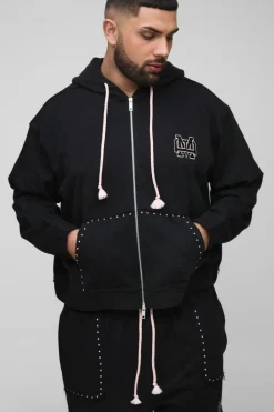 New boohooMAN Plus Oversized Boxy Zip Thru Seam Detail Hooded Tracksuit black