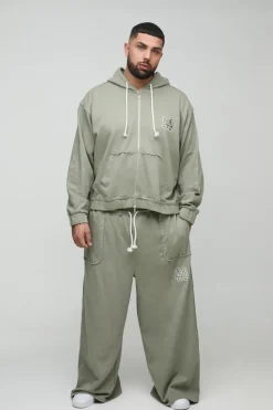 Cheap boohooMAN Plus Oversized Boxy Zip Thru Seam Detail Hooded Tracksuit stone