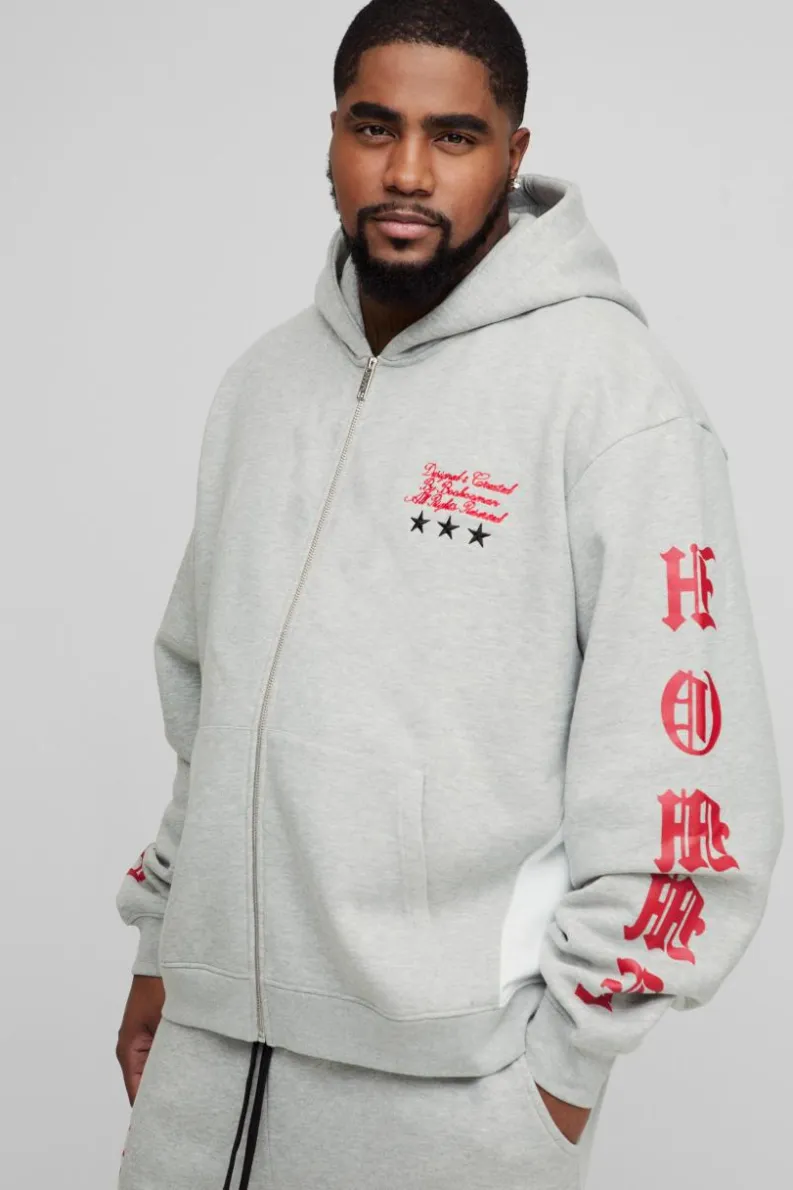 Hot boohooMAN Plus Oversized Boxy Zip Up Homme Hoodie grey
