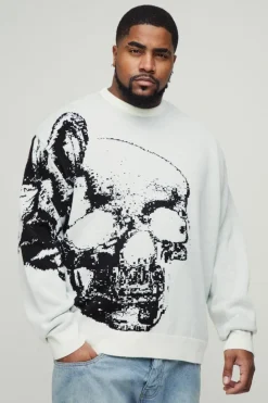 Online boohooMAN Plus Oversized Butterfly Skull Knitted Jumper ecru
