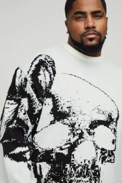Online boohooMAN Plus Oversized Butterfly Skull Knitted Jumper ecru