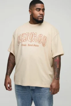 Best boohooMAN Plus Oversized Chicago Print T-shirt sand
