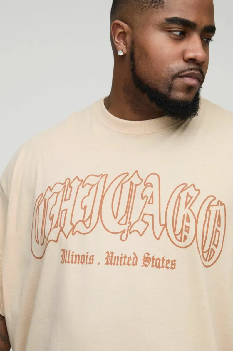 Best boohooMAN Plus Oversized Chicago Print T-shirt sand