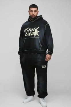 Flash Sale boohooMAN Plus Oversized Contrast Stitch Lmted Spray Wash Hooded Tracksuit black