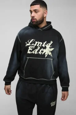 Flash Sale boohooMAN Plus Oversized Contrast Stitch Lmted Spray Wash Hooded Tracksuit black