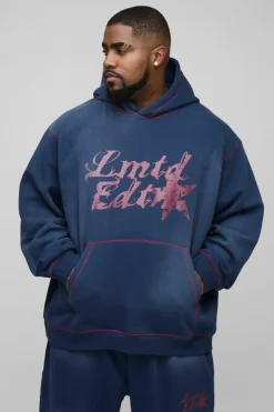 Fashion boohooMAN Plus Oversized Contrast Stitch Limited Spray Wash Hoodie navy