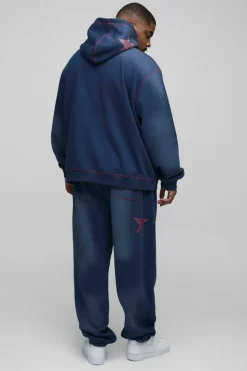 Fashion boohooMAN Plus Oversized Contrast Stitch Limited Spray Wash Hoodie navy