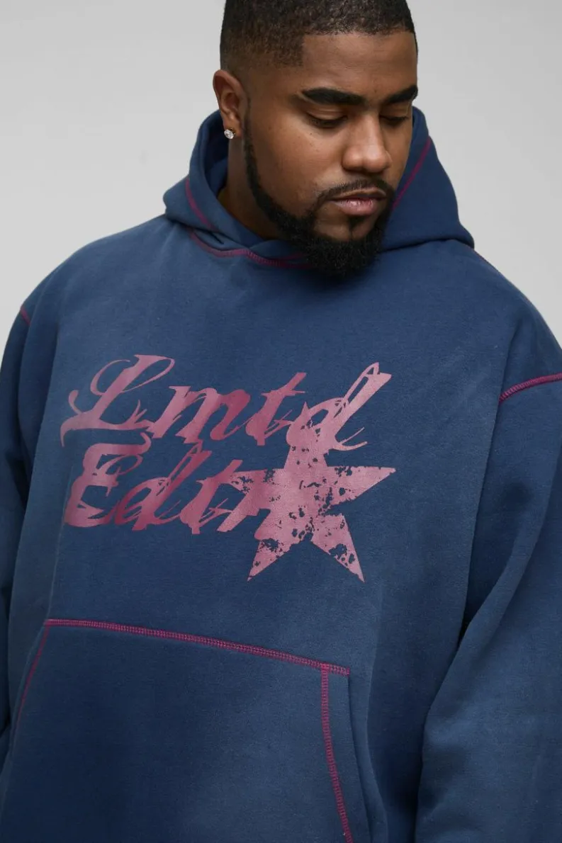Fashion boohooMAN Plus Oversized Contrast Stitch Limited Spray Wash Hoodie navy
