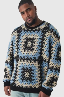 Hot boohooMAN Plus Oversized Crochet Sweat black