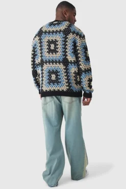 Hot boohooMAN Plus Oversized Crochet Sweat black