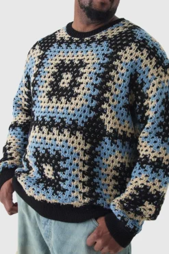 Hot boohooMAN Plus Oversized Crochet Sweat black