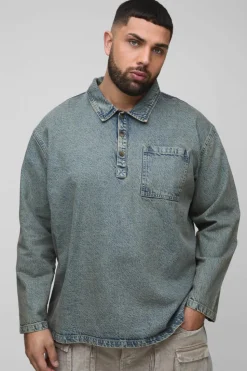Outlet boohooMAN Plus Oversized Denim Rugby Shirt antique wash