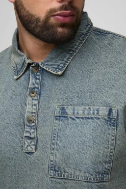 Outlet boohooMAN Plus Oversized Denim Rugby Shirt antique wash