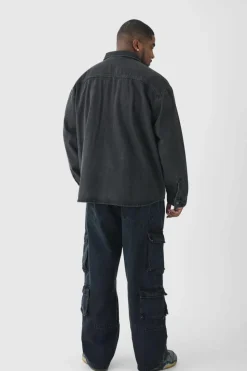 Shop boohooMAN Plus Oversized Denim Shirt washed black