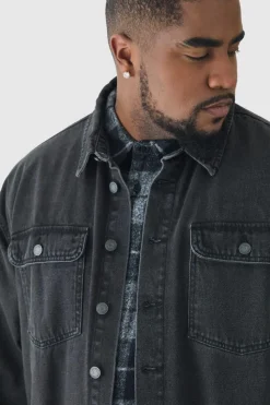 Shop boohooMAN Plus Oversized Denim Shirt washed black