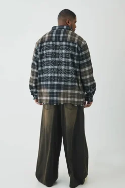 Clearance boohooMAN Plus Oversized Distressed Skeleton Rhinestone Checked Shirt black