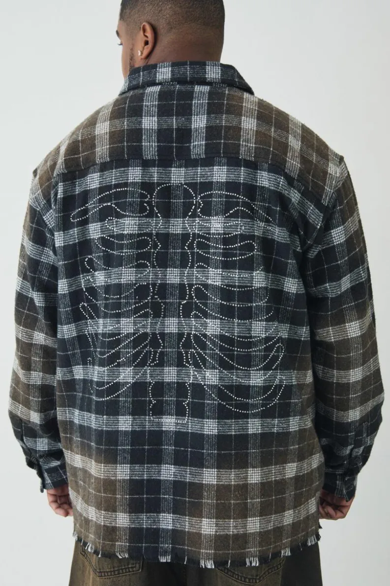 Clearance boohooMAN Plus Oversized Distressed Skeleton Rhinestone Checked Shirt black