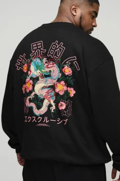 Sale boohooMAN Plus Oversized Dragon Floral Graphic Extended Neck Sweatshirt black