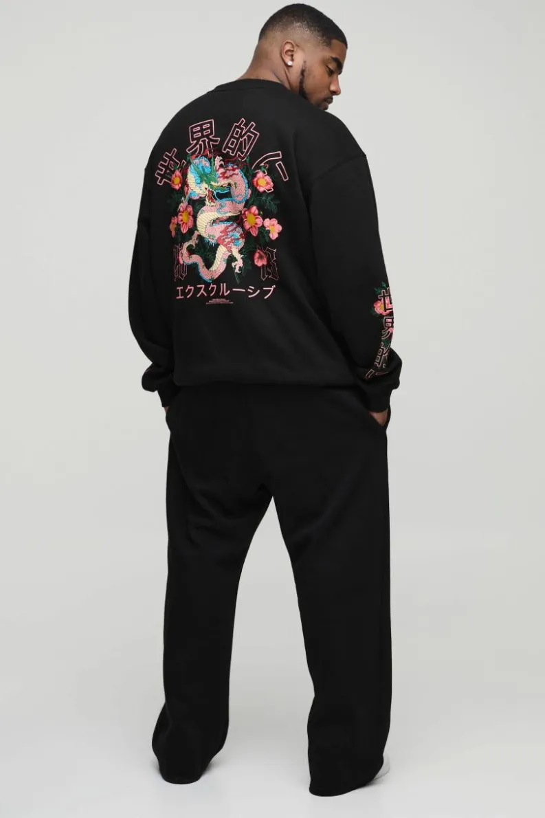 Sale boohooMAN Plus Oversized Dragon Floral Graphic Extended Neck Sweatshirt black