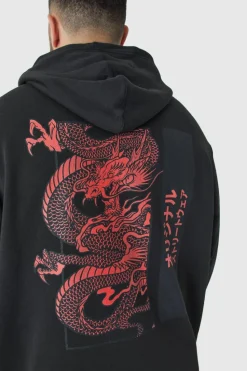 Store boohooMAN Plus Oversized Dragon Graphic Hoodie black