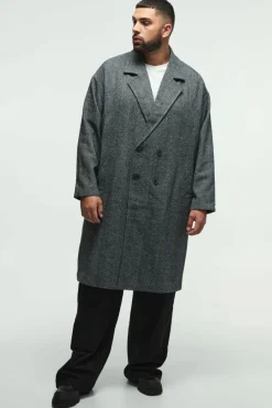 Shop boohooMAN Plus Oversized Drop Shoulder Herringbone Overcoat In grey