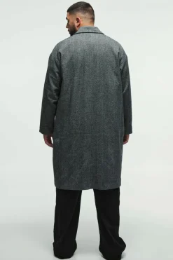 Shop boohooMAN Plus Oversized Drop Shoulder Herringbone Overcoat In grey