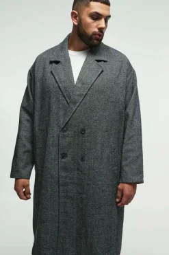 Shop boohooMAN Plus Oversized Drop Shoulder Herringbone Overcoat In grey
